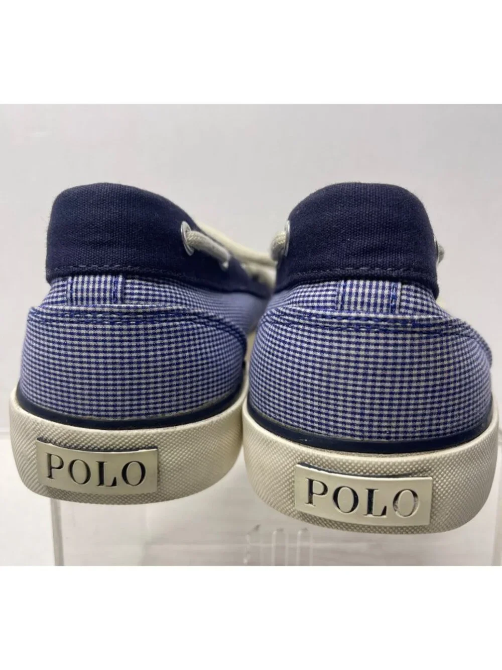 Polo Ralph Lauren Lander Mens Blue Gingham Canvas Lace-Up Boat Shoes SZ 10.5D